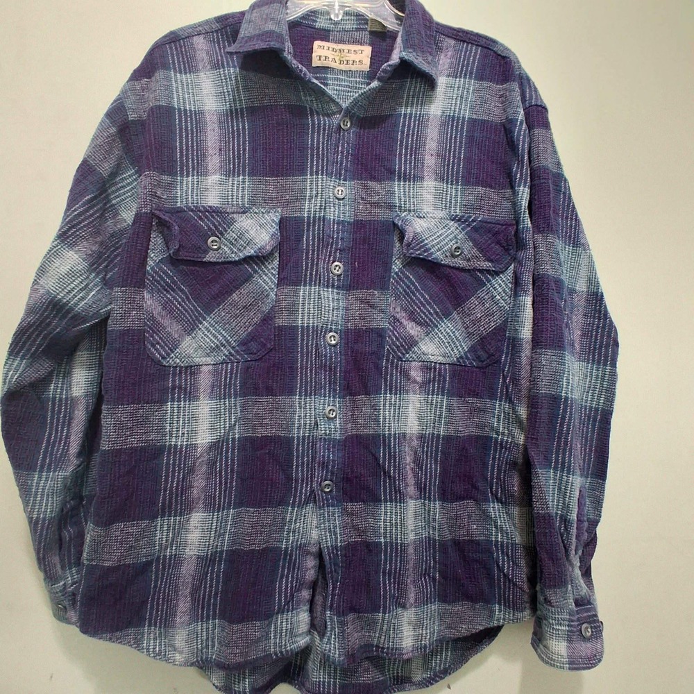 Vtg Midwest Traders Mens L Purple Blue Plaid Flannel Cotton Button Down Shirt